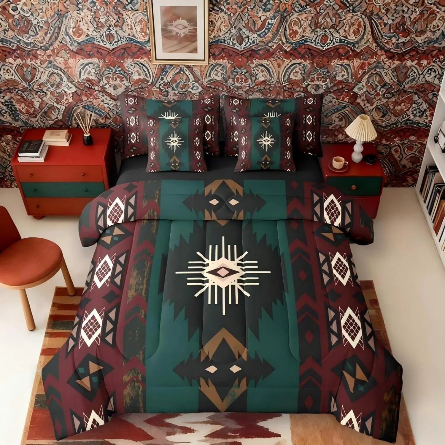 Feelyou 7-Piece Western Microfibre Bedding Set with Sheets - Breathable, Ethnic Tribal, Geometric, Southwest Aztec, Boho Diamond Triangle, Retro Arrow Prints, High Tensile Strength, Multi-Size (King, Queen), Machine Washable Bed-in-a-Bag for Room Decor, S