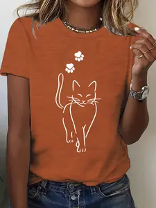 Women's Cat Print Round Neck Tee, Casual Fashion Short Sleeve Fitted T-shirt for Daily Wear, Ladies Summer Clothes, Top