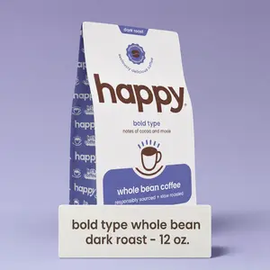 Happy Bold Type Dark Roast Whole Bean Coffee 12 oz - With Notes of Cocoa & Moxie, Responsibly Sourced & Slow Roasted Coffee