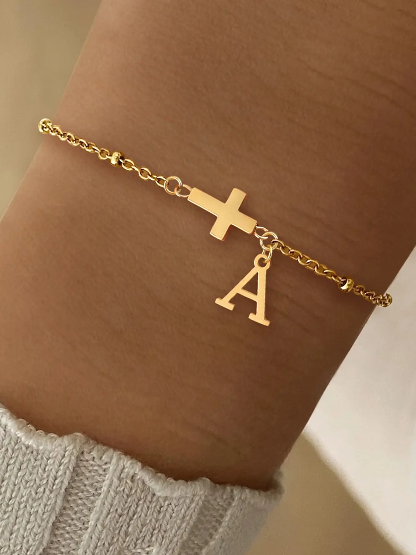 Women's Cross Initial Pendant Bracelet, Classic Stainless Steel Beaded Chain, Anti Tarnish, Casual Style, All Seasons Wear, Letter Link Bracelet, Bracelets Jewelry