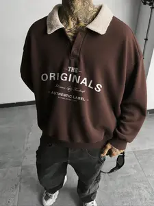 Unisex Y2K Style Fitted Letter Print Polo Sweatshirt, Thick Vintage British Style Lamb Fur Collar, Casual Streetwear for Fall & Winter