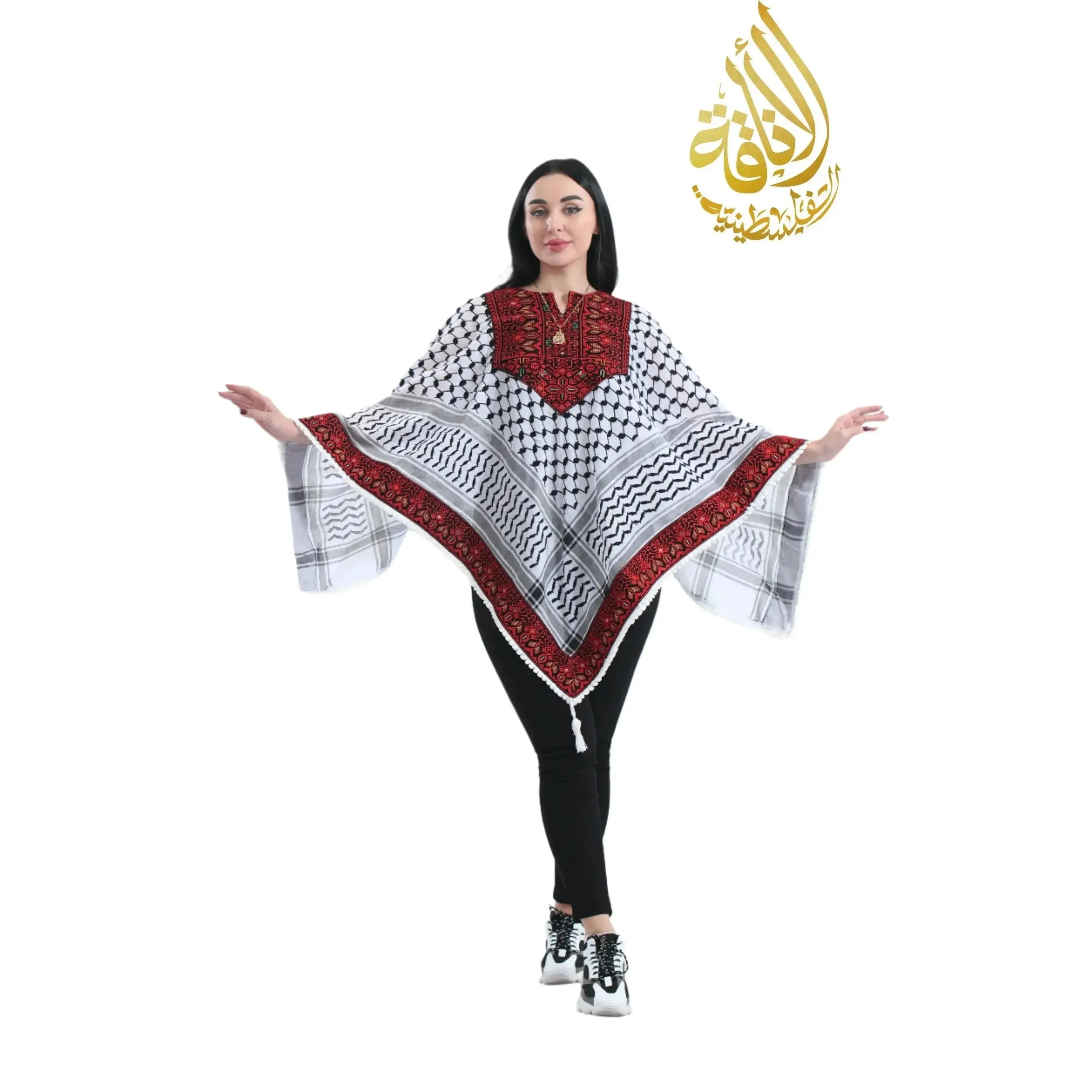Palestinian Elegance Embroidered Kuffiyeh Poncho
