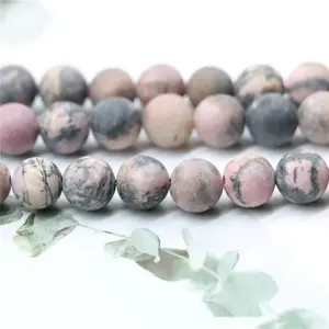 Natural Matte Black Stripe Rhodochrosite Gemstone Frosted Round Loose Beads For Jewelry Making Design DIY Unpolished Handmade Crafts Bracelet, Necklace, Earrings AAA Quality 15.5 Inches Long, Semi Precious Stone