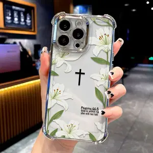 White Lily Cross Psalms Scripture Clear Phone Case. FourReinforced Corners Effectively Buffer Falling Impact, Wear-Resistant Ink Makes Pattern Not Easy To Fade. Suitable for iPhone 17.16.15.14.13.12.