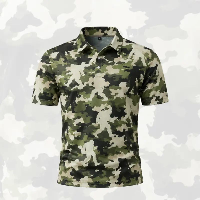 Camo Bigfoot Polo Shirt for Men – Sasquatch Camouflage Graphic Print, Breathable & Comfy Short Sleeve Collared Shirt, Perfect Gift for Dad, Birthday, Father’s Day, Hunting, Camping, Golf, BBQ & Outdoor Wear