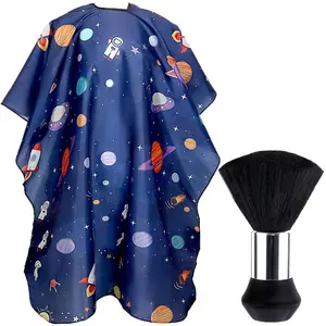 Kids Hair Cutting Cape, 55x39 in Lightweight Waterproof Polyester with Adjustable Closure & Cartoon Space Astronaut Designs, Single Item Haircare Tool for Children (Normal & Large Sizes) with Neck Duster Brush, Machine Washable
