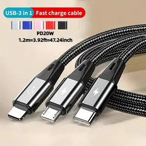 3-In-1 Multi-Functional USB Fast Charging Data Cable, Compatible with iPhone 14/13 Pro Max/XS Max/samsung/mi/ace, Type-C & Micro USB Ports