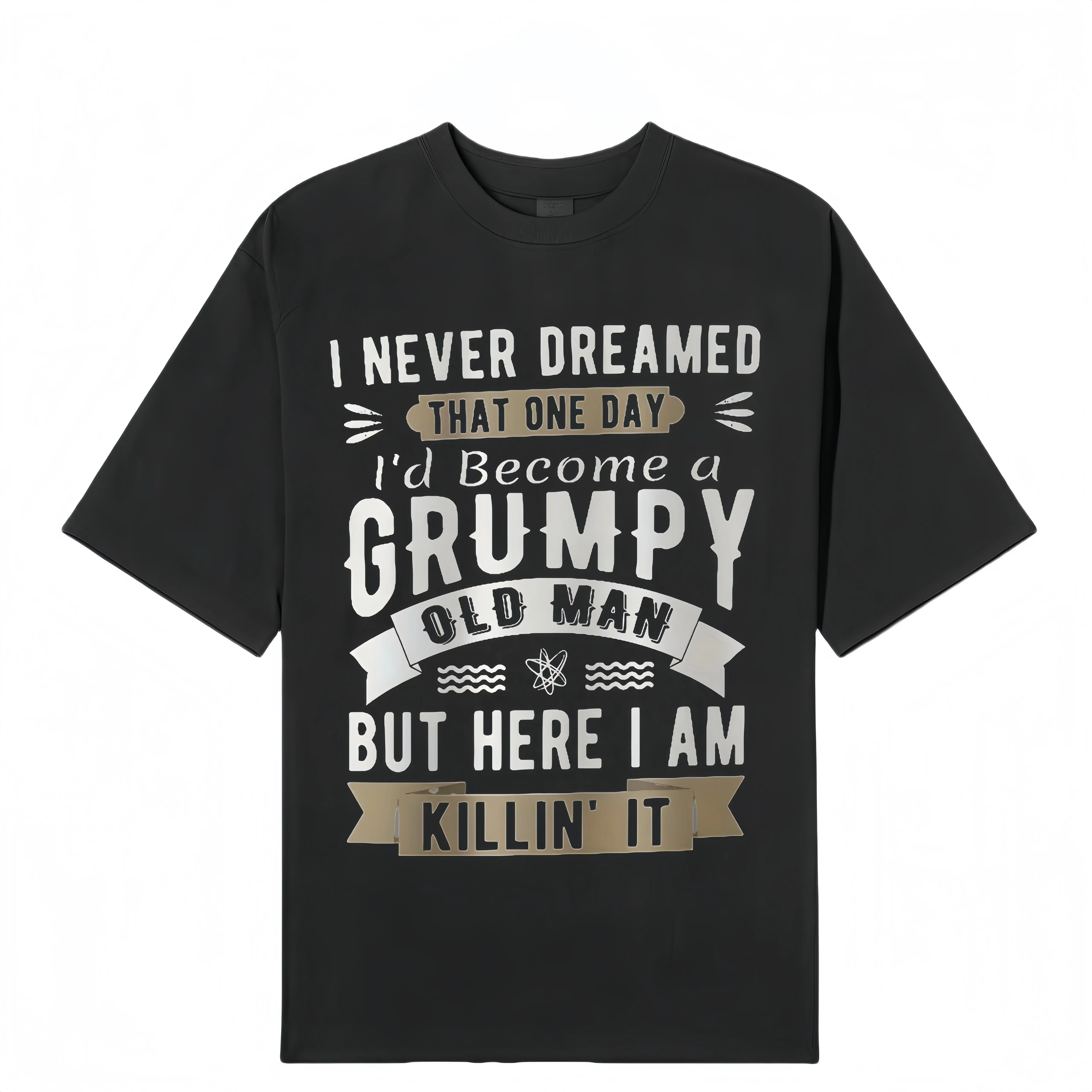 Men's Cotton Fitted Round Neck Short Sleeve T-Shirt - Stylish Casual Tops with 3D Figurative Print "I Never Thought I'd Be a Grumpy Old Man 1 Day, But Here I Am", Soft Classic Clothes for Spring, Summer