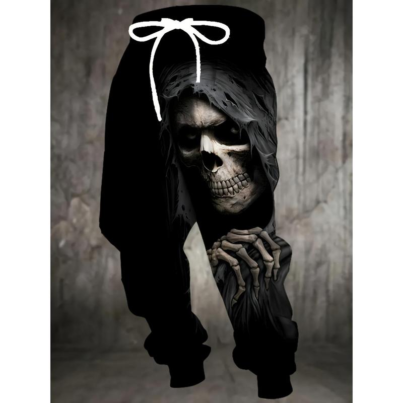Men's  Skull Print Joggers with Drawstring & Pockets - Stylish Halloween Sweatpants, Black Casual Trousers, Polyester Knit Fabric, Machine Washable