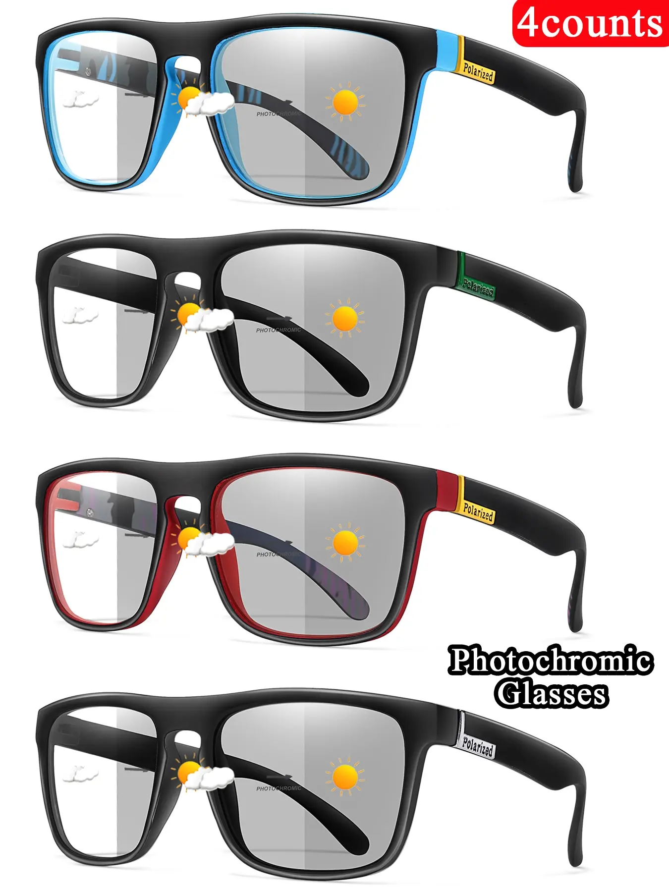 4 Piece Fashion Outdoor Photochromic Driving Glasses Set, Unisex Trendy Accessories, Music Festival Party Wear, Casual Daily Use, Halloween Gift, Trendy Casual Sunglasses, Trendy Shades, Stylish Sunglasses