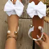 Brand new plus size women's comfortable simple round toe bow decoration metal beaded flat sandals, casual fashion outdoor beach vacation summer shoes, Stylish Flat Sandals
