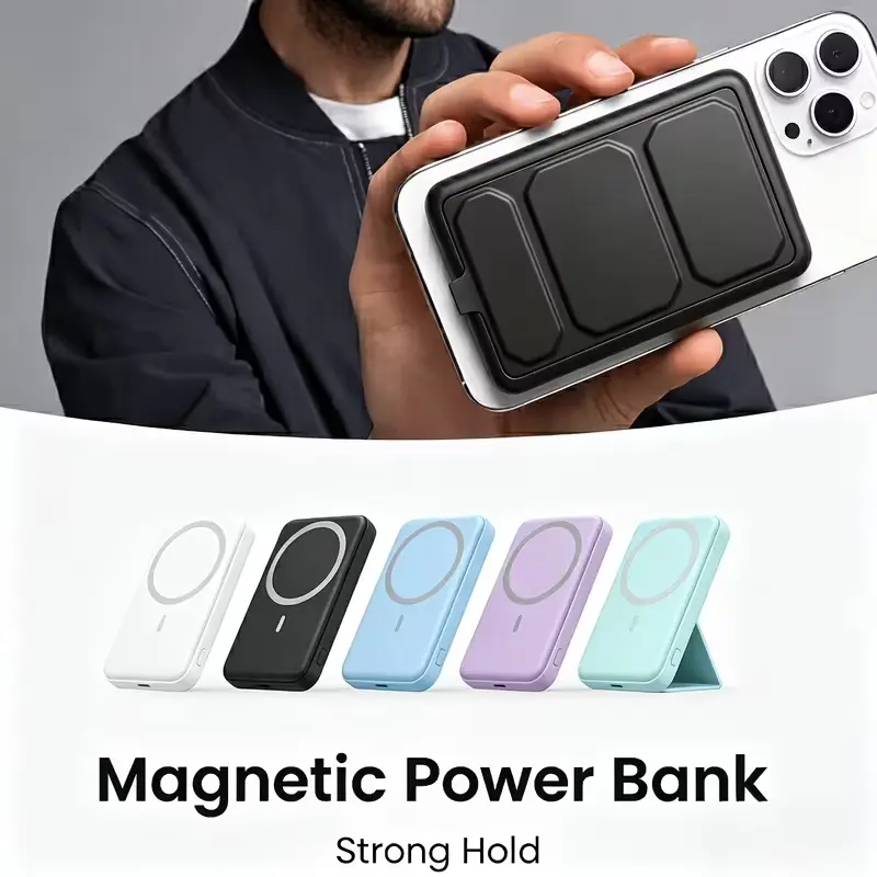 10000mAh portable power bank with stand, magnetic design, multiple input/output ports, battery level display, compatible with Android and Apple phones, ultra-thin power bank, ideal for carrying with you when you’re out and about, great for gifting