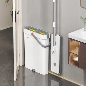 JOYBOS 16" Large Flat Floor Mop and Bucket System, Mop and Bucket with Wringer Set, Washable Microfiber Mop and Rubber Scraper, Stainless Steel Handle, Wet and Dry Use, Floor Cleaning System for All Floor Types and Windows with Bucket (Gray, Adjustable)