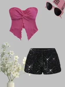 Women's Sleeveless Crop Top Set, Plain Color Fashion Textured Design, Sparkling Sequins Short Pants Two-Piece