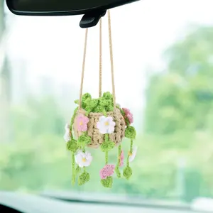 Flower Pot Design Car Hanging Ornament, Cute Plant Crochet Car Rearview Mirror Hanging Decoration, Car Interior Decorative, Car Interior Accessories, Car Trinkets, Car Accessory