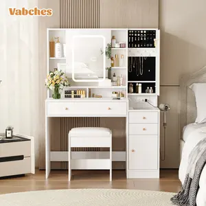 Vabches White Vanity Desk with Mirror and Lights, Vanity Table Makeup Vanity with Lights 3 Drawers and Cabinets