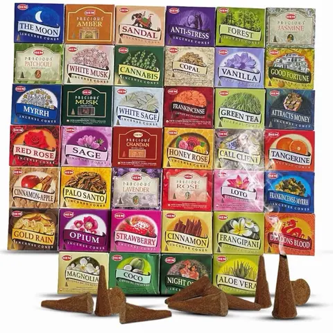 CONES Hem Incense Cones 1 Pack 10 Cones Variety Pack with Precious Amber Sandal Anti-Stress Forest Jasmine Good Fortune and More