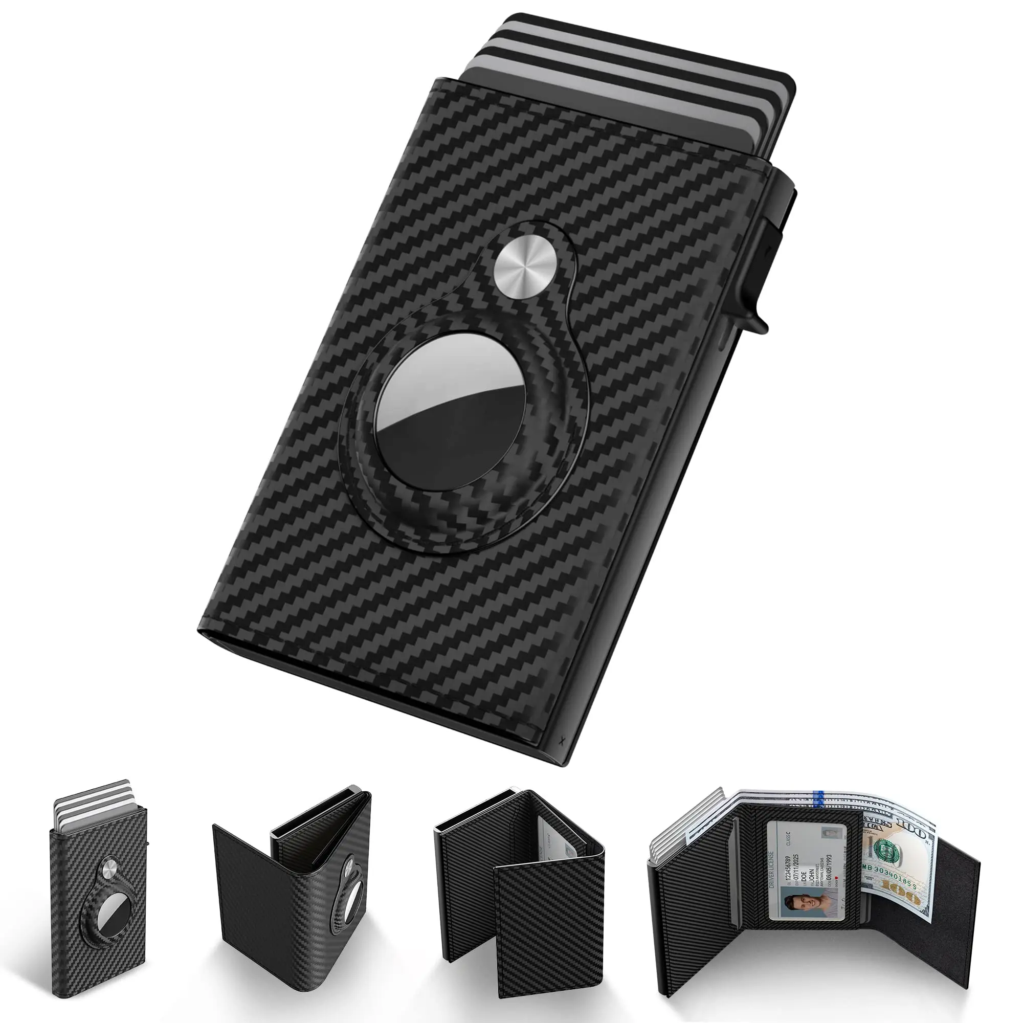 Men's Slim Carbon Fiber Wallet with AirTag Holder - Minimalist Pop-Up RFID Shield Card Case, Aluminum Body with ID Window & Cash Slot, Compact Design, Magnet PU Cover Snaps On
