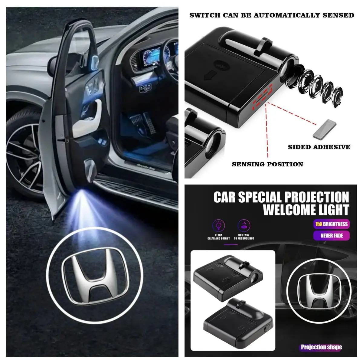 4 Pack Honda Logo Door Welcome Light - Fits Civic/Accord/CR-V/HR-V/XR-V, Peel and Stick Non-Destructive Installation, HD Car Projection Lamp, Car Door Lights, Door Projector Lights