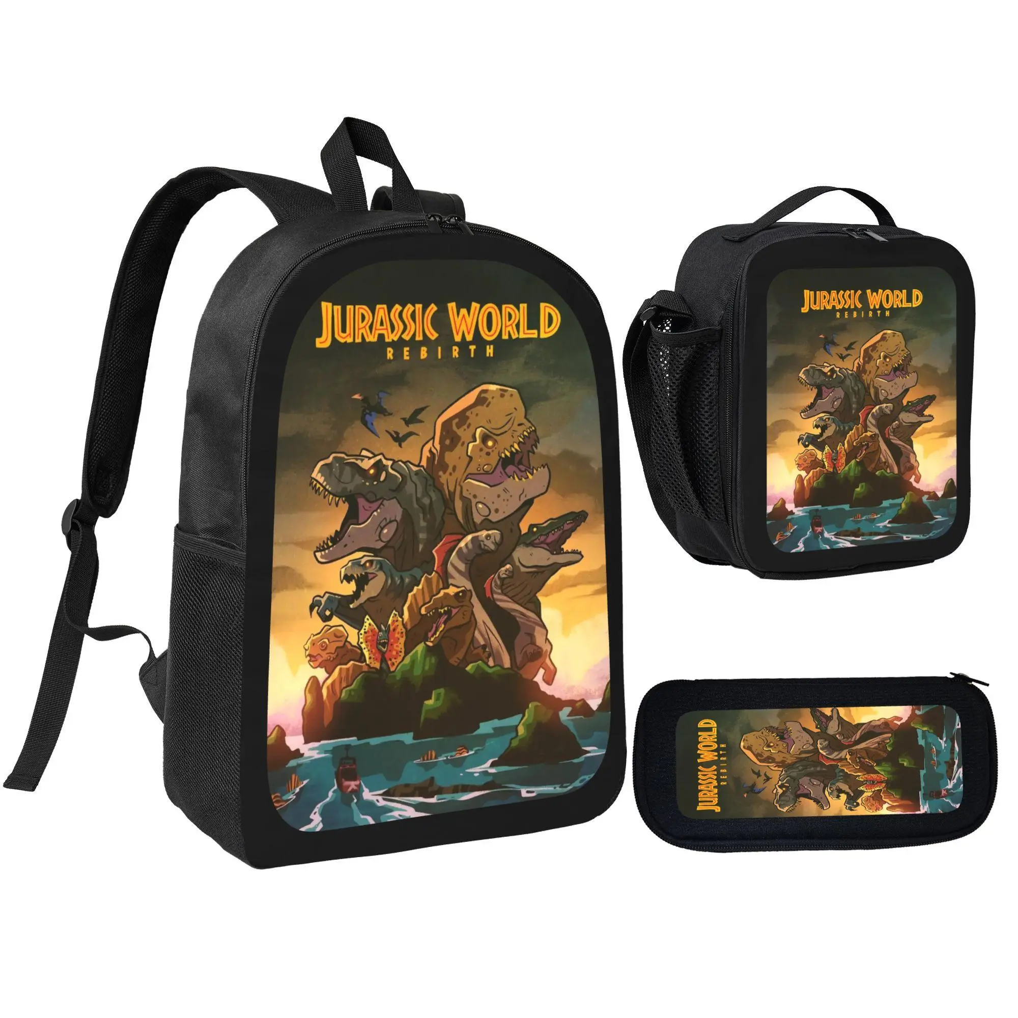 [3Pcs Backpack Set] Jurassic World Rebirth Dinosaur Theme With Lunch Bag Pencil Pouch School Bag For Kids Boys Girls Students