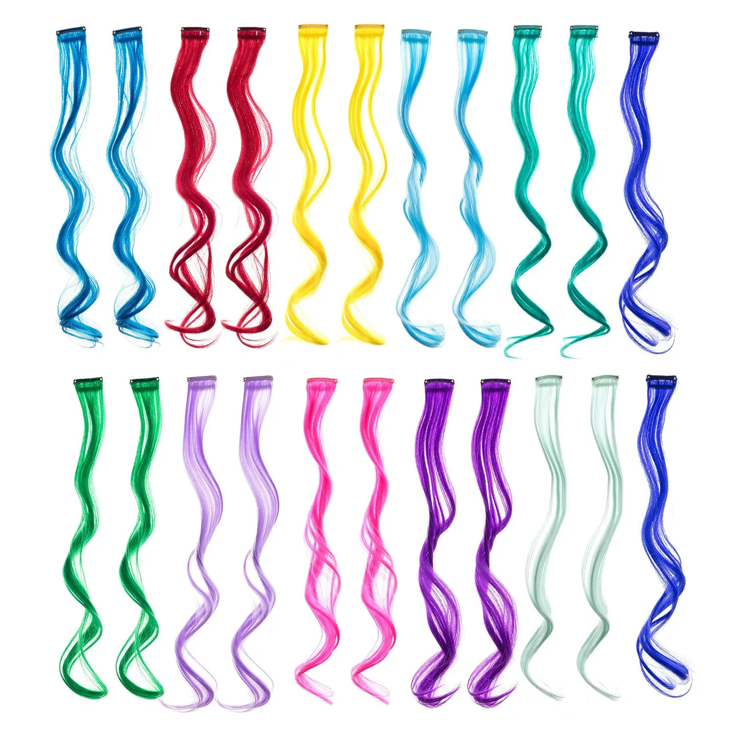 22 Pcs Colored Party Highlights Clip on in Hair Extensions For Women Multi-Colors Hair Streak Synthetic Hairpieces (11 Colors 22 Pcs in Set -Curly Wavy)