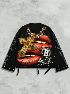 Trendy Street Style Long Sleeve T-Shirt, Unique Hip Hop Jewelry Print, Cross Design, Ripped Hole Detail, All Seasons, Streetwear