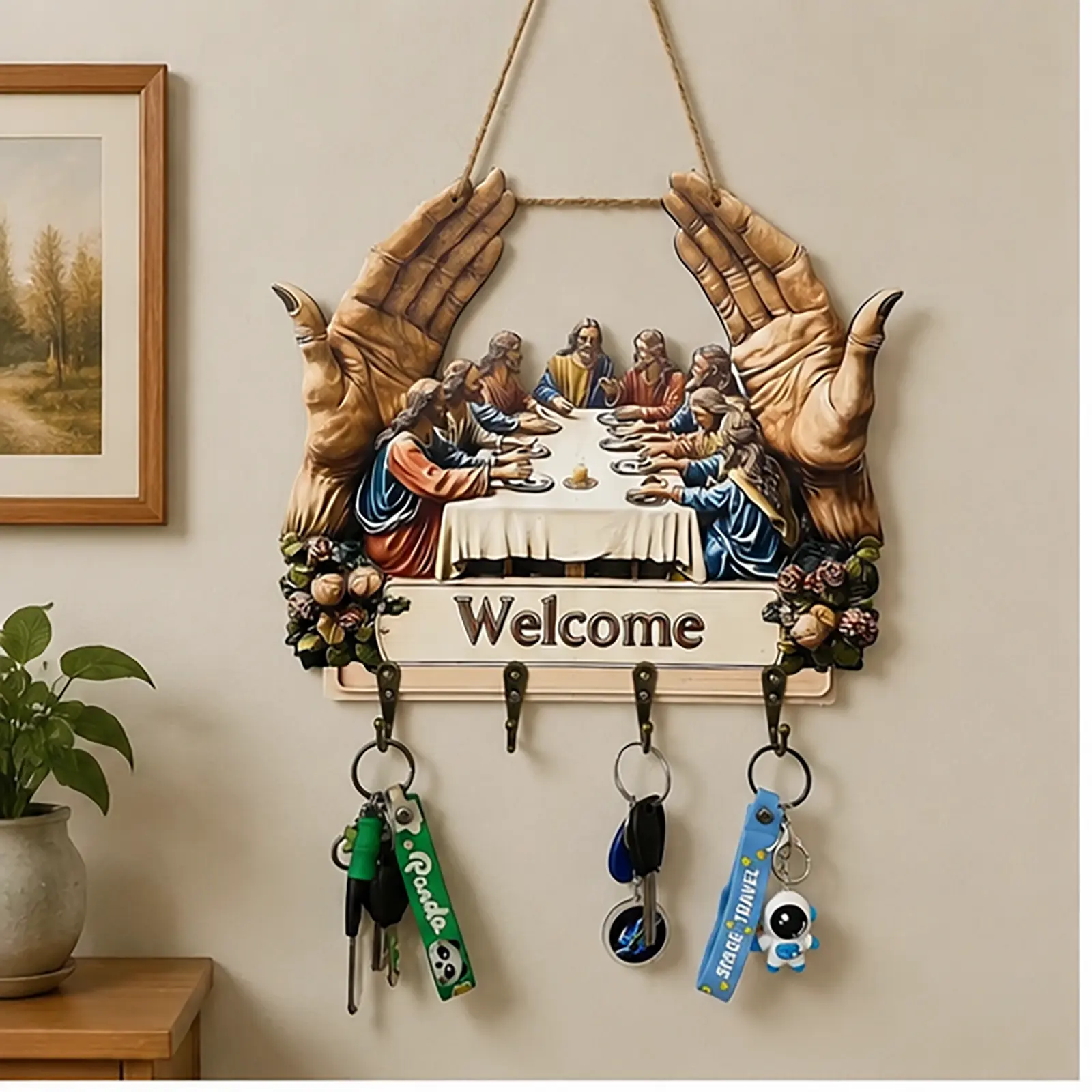 Jesus and Disciples Wall Art with Key Hooks, Wood Rustic Farmhouse Religious Key Holder with 4 Hooks,Small Keychain Organizer Rack for Entryway,Hallway,Entry,Keyring Hook,Christian Wall Decor