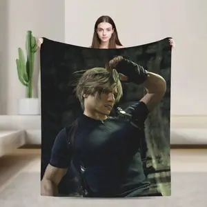 Resident Evil 4 Leon Kennedy Remake Blanket Gamer Throw Video Game Character Print Soft Flannel Blanket Aesthetic Cozy Lightweight Throw for Bed Sofa Couch Gaming Room Decor Travel Gift for Fans Boys Men Bedroom Decor