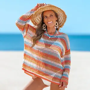 CUPSHE TikTokShopSpringGlowUp Malibu Sunset Ombre Sheer Long Sleeves Cover-Up Top Summer Fashion Round Neckline Swimwear,for Beach,Pool Party,Vacation,Casual Women Swimsuits