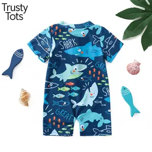 Trusty Tots Kids Boys Summer Swimsuit Casual Shark Printed Short Sleeve Zipper Jumpsuit Swimwear Beachwear New Style Baby Swimsuit  Shark Print Swimsuit Summer Quick-Drying