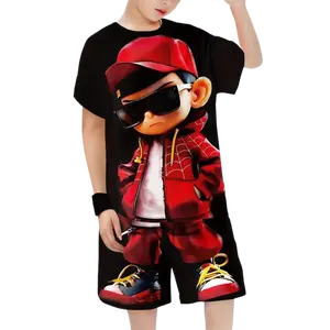 Summer Essentials, Boys' Casual 3D Printed T-Shirt & Shorts Set - Vibrant Cartoon Character Design, Comfortable Polyester, Machine Washable, Perfect for Summer Outdoor Play, Perfect for Outdoor