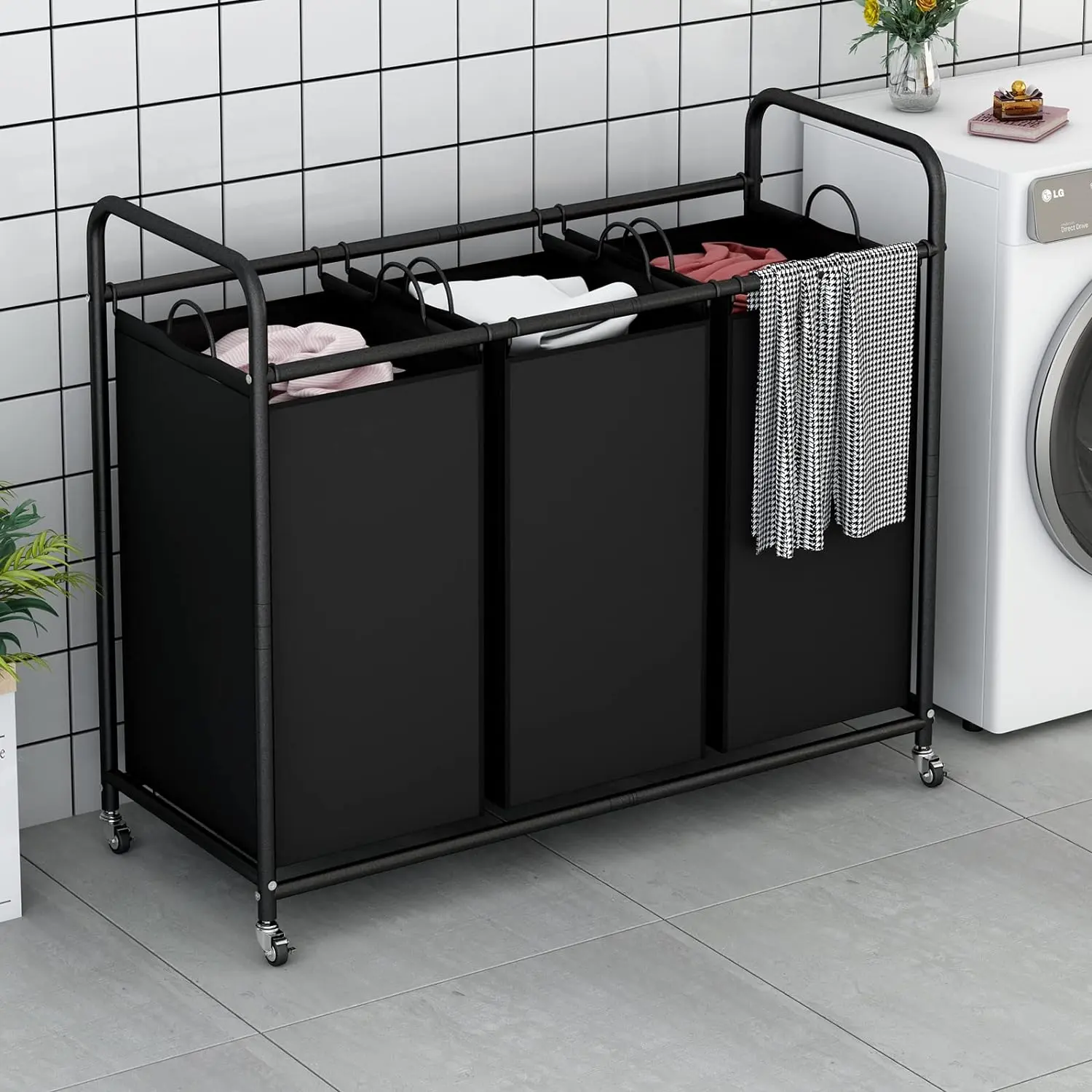 3-Bag Laundry Basket Sorter Laundry Hamper Cart Clother Container Metal Organiser with Heavy Duty Rolling Lockable Wheels and Removable Bags (Black+Beige+Brown+Grey+Assorted) Deals For You Days summerwins