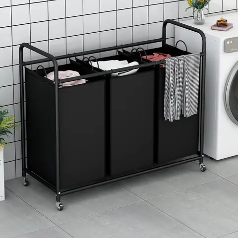 3-Bag Laundry Basket Sorter Laundry Hamper Cart Clother Container Metal Organiser with Heavy Duty Rolling Lockable Wheels and Removable Bags (Black+Beige+Brown+Grey+Assorted) Deals For You Days
