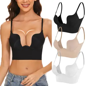 Womens Low Back Bra Wire Lifting Deep U Shaped Plunge Backless Bra with Convertible Clear Straps Multi-Way Use Bras for Wedding Party Daily Wear Elegant Fit