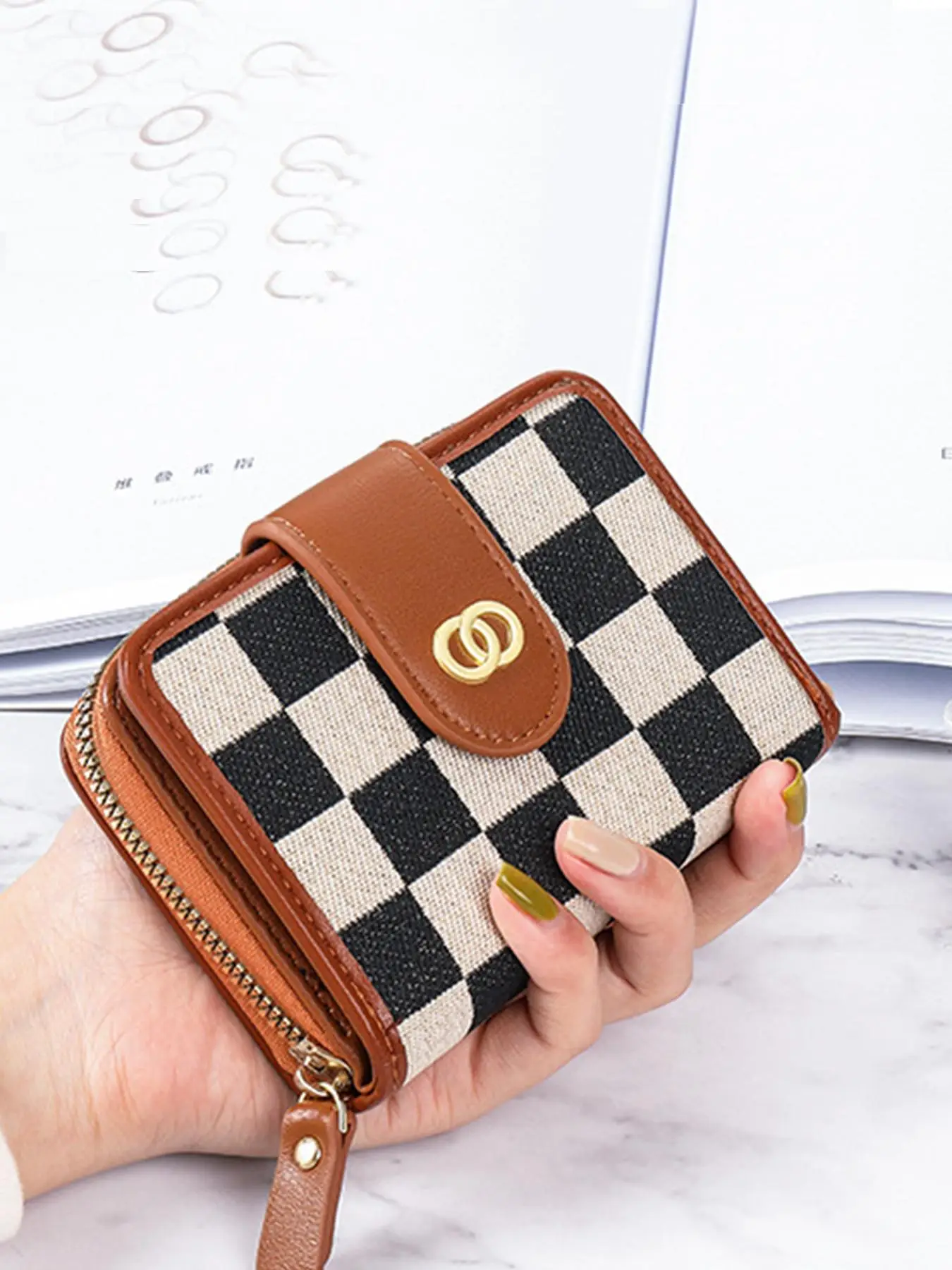 Fashionable Checked Pattern Zipper Wallet, Casual Multi Card Slot Multi-functional Wallet, Vintage Wallet for Daily Use