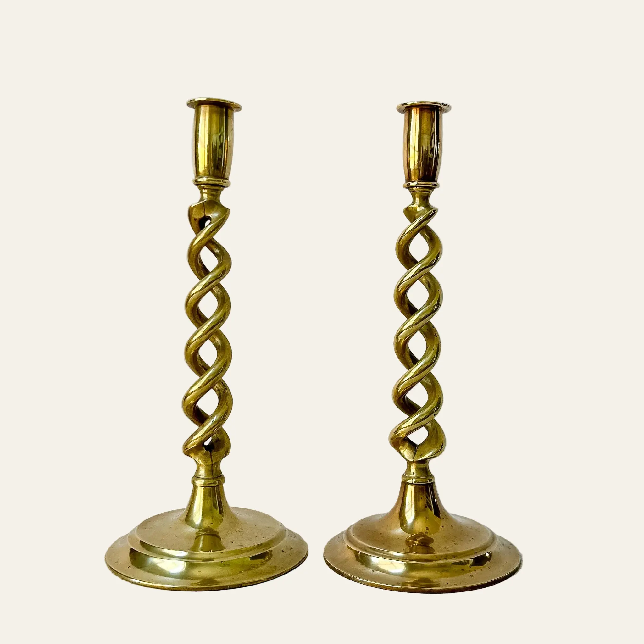 Antique Pair English Open Twist Brass Candlesticks