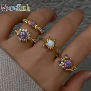 Women’s Sun & Moon Gemstone Ring Set, Trendy Geometric Stackable Rings with Sparkling Crystal Detail, Minimalist Light Luxury Jewelry for Daily Wear, Dates, Parties & Gift Giving SpringStatements