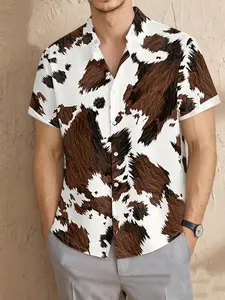 Cow Print Cuban Collar Short Sleeve Shirt Casual Stylish Menswear - Western Cowboy Streetwear Top