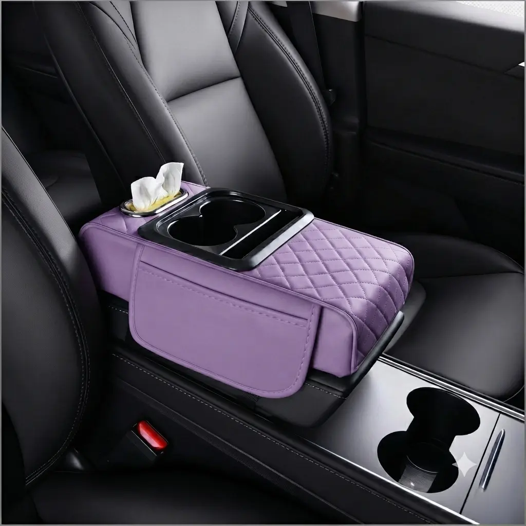 Purple Car tissue box,Car Center Console Armrest  Pillow,2 Side Storage Bag Cup & Phone Holder, Auto Armrest , Memory Foam Leather 4 in 1 Vehicle Arm Rest Cover with Tissue Box,Pink holfer console storage box  pillow  cushion,girl gift,mother gift
