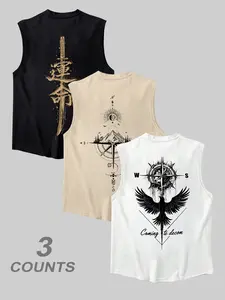 Men's 3-Piece Set T-Shirts with Sword Compass Eagle Graphic Prints, Casual Breathable Sleeveless Streetwear Tops, Ideal for Summer Outdoor Fitness, Round Neck