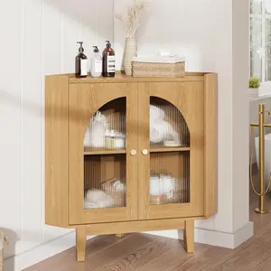 Floor Corner Cabinet with Doors and Shelves, Fluted Storage Cabinet Freestanding Corner Cabinet for Bathroom, Kitchen, Living Room, Wood