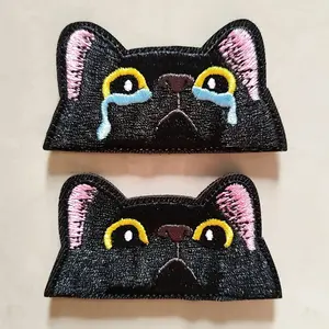 Cute Lovely Black Cat Patch - Peeping & Crying Cat Embroidered Patch Kitten, Velcros Iron-on Sew for Clothing, Bags, Accessories, Unique Embroidery