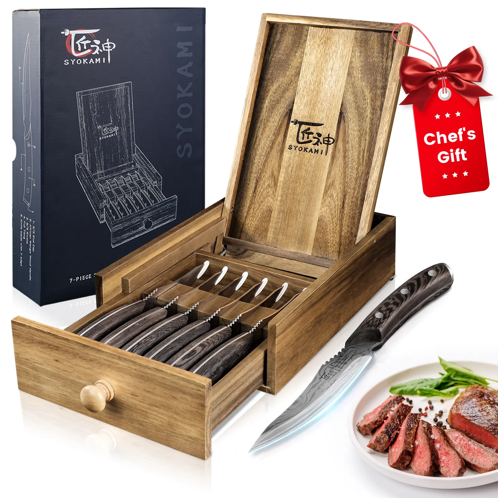 【DealsForYouDays】 SYOKAMI 4.8 Inch Steak 2/4/6/8 Knives Sets, High-Carbon Japanese Style Non-serrated Steak Knife with Wood Handle, Damascus Pattern Full Tang Design, Razor-Sharp Dinner Knives with Gift Box For Mother's Day