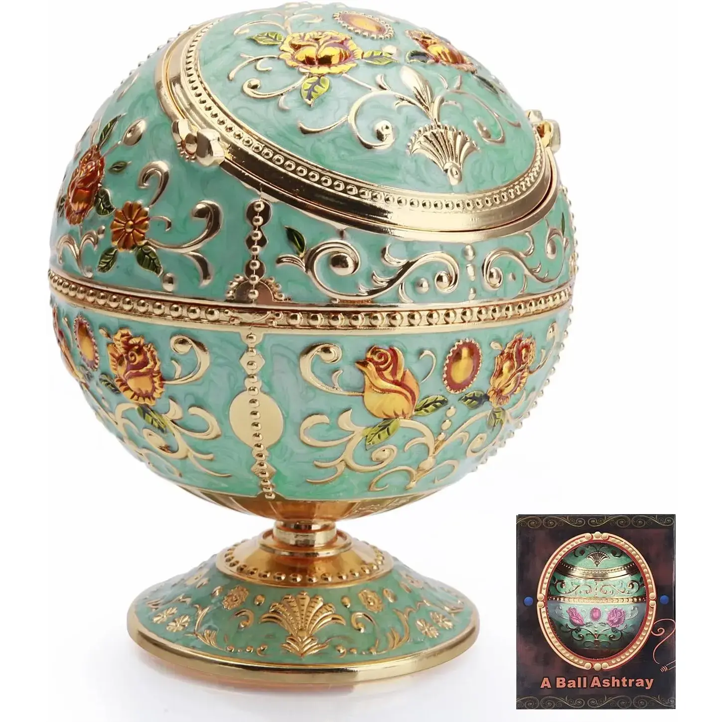 Windproof Covered Metal Ashtray Outdoor Indoor Portable Ashtray Handmade Embossed Pattern Smoking Ashtray Men Women Exquisite Gift (Emerald Green)