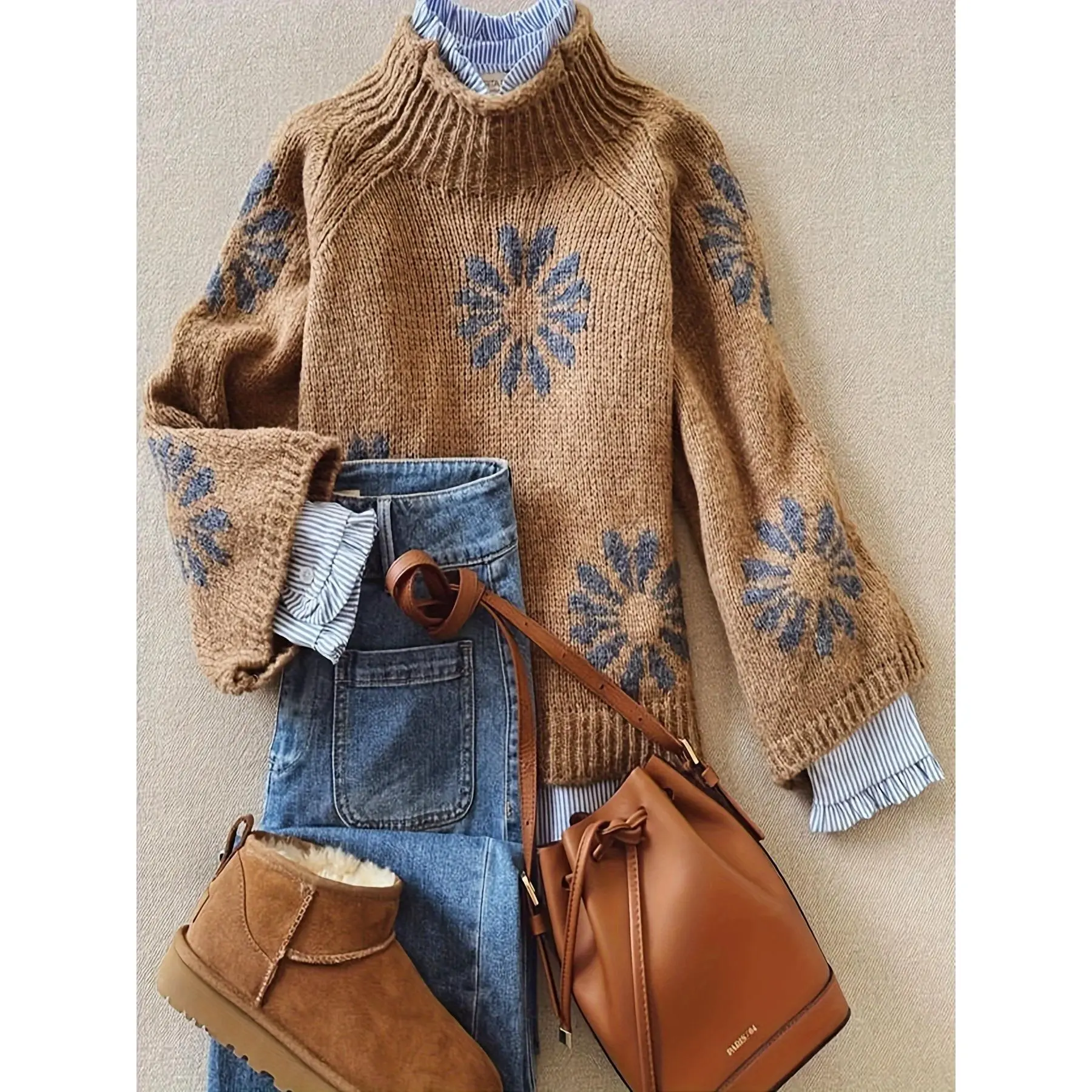 Cozy Floral Jacquard Sweater for Women - Casual Long Sleeve, Crew Neck Pullover with Color Block Detail, Perfect for Fall/Winter