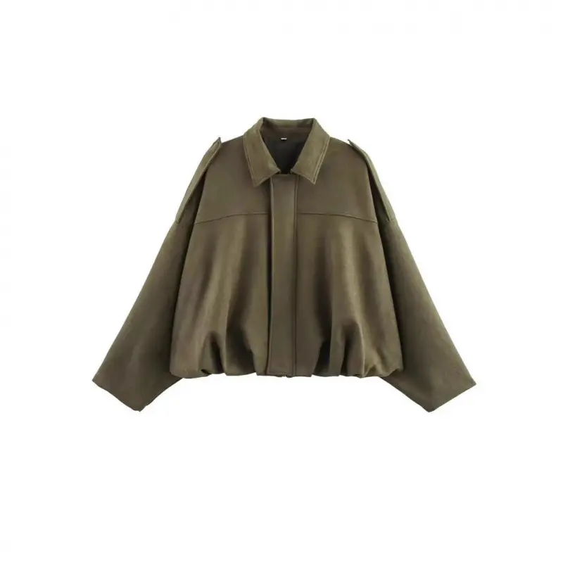 Women's Classic Suede Bomber Jacket, a Stylish Fall Outerwear Coat with a Lapel Collar, Long Sleeves and Zipper Front