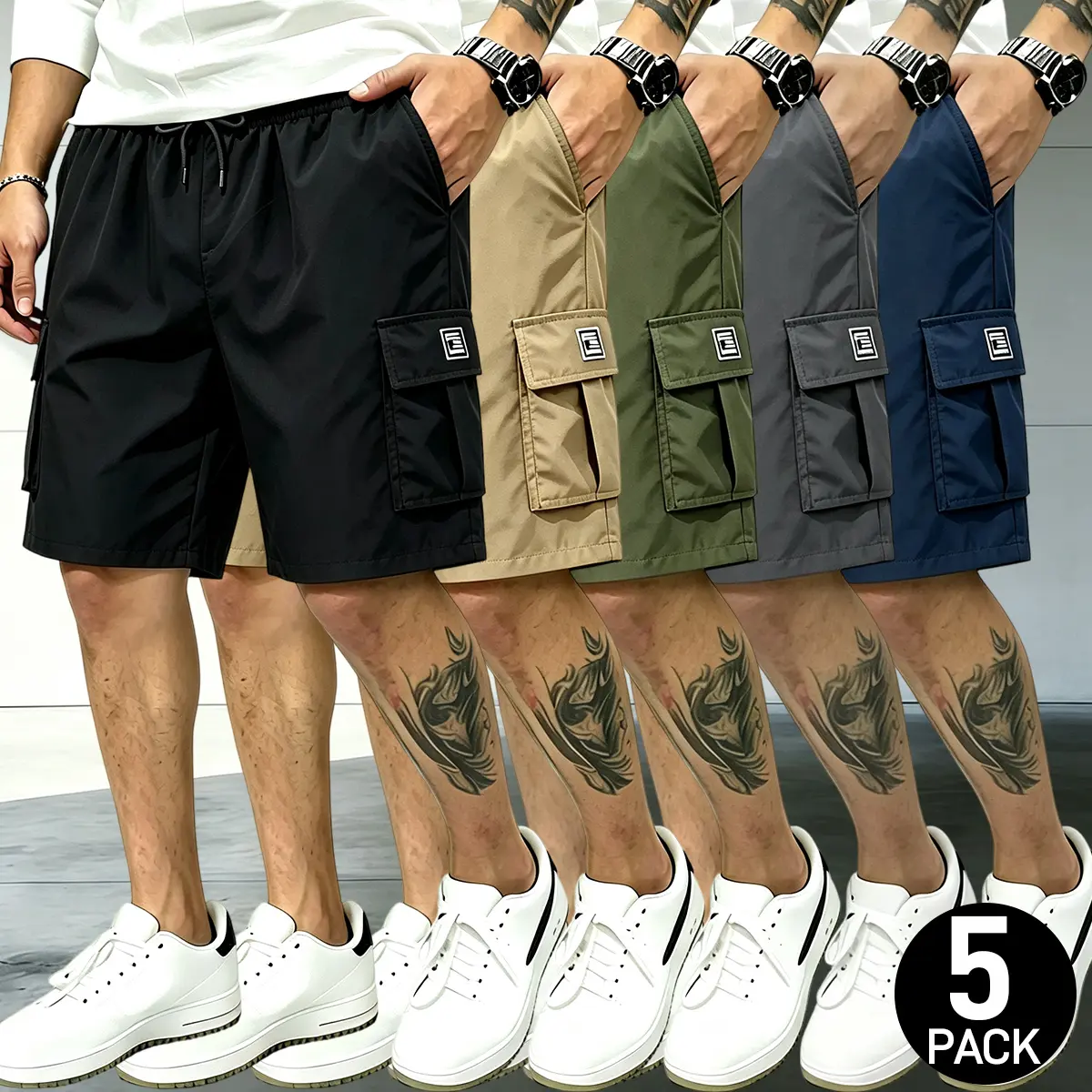 Men's 5-Pack Cargo Shorts, Heavy Rip-Resistant Work Shorts with Multi-Pockets and Adjustable Waistband for Hiking, Menswear, Baggy, Loose, Athletic Cargo Shorts, Casual Sport Shorts