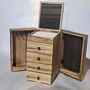 Vintage Wooden Jewelry Box Multi-Layer Storage, Side Door Open-Close, Button Lock, Lockable Storage, Dual Drawers Necklace Ring Slots, Large Capacity Organizer