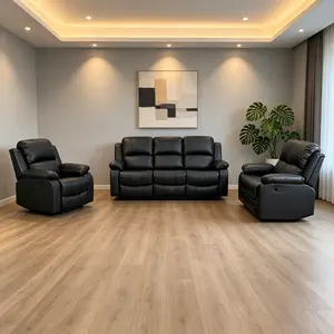 Black Semi PU And PVC 3-Piece Couch Living Room Sofa Set, classic pure black finish, blended semi PU & PVC material, smooth surface, waterproof and stain-resistant, effortless daily cleaning, plump cushions, robust frame, sleek modern home furniture, Mixe