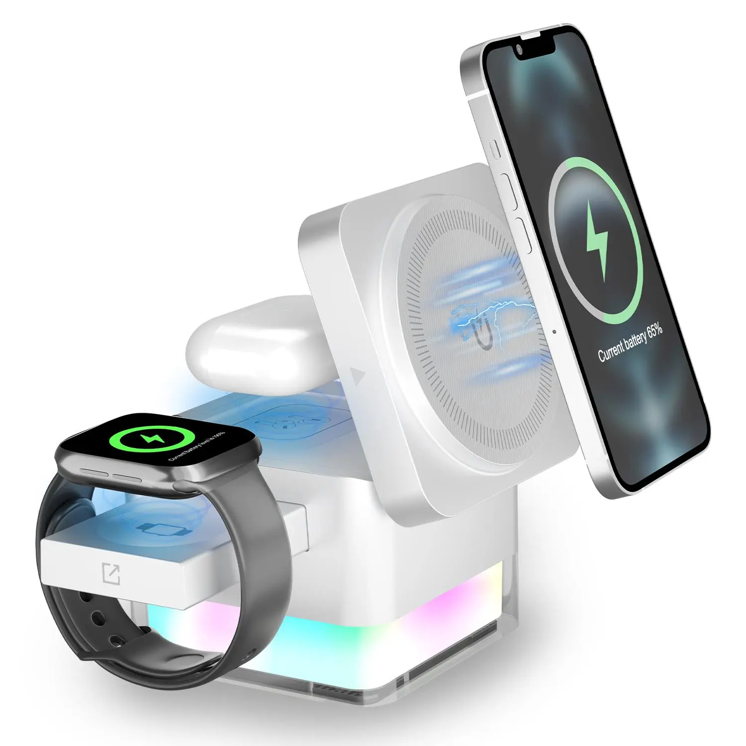 15W Wireless Charger, Smart Charging Dock, 3-in-1 Foldable Magnetic Wireless Charging Station, Phone Holder for Charging with Night Light, Compatible with iPhone 12-15, Electronic Gadgets
